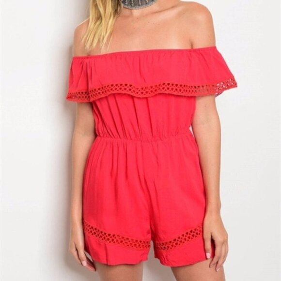 RED OFF SHOULDER ROMPER - Picture 1 of 4